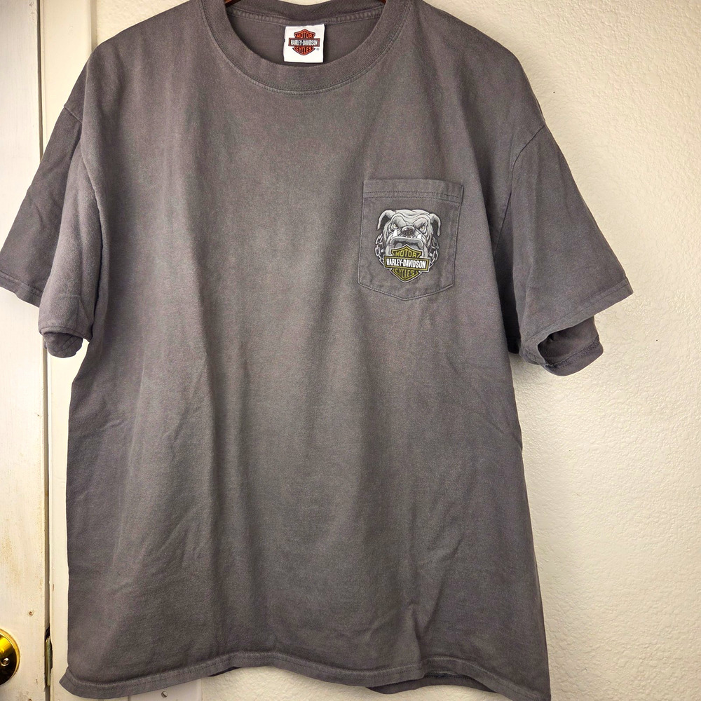 Vtg Y2K Harley Davidson Pocket T Shirt XL Gray Adamec St Augustine FL Bulldog